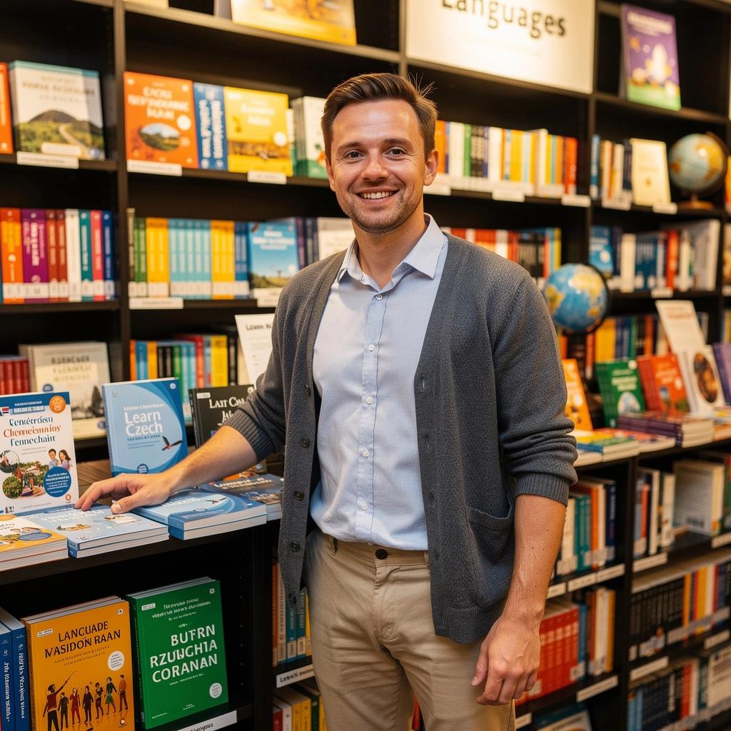 Knihy v různých jazycích na policích knihkupectví.